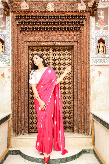 Pink Polka Dot Designer Saree, Saree