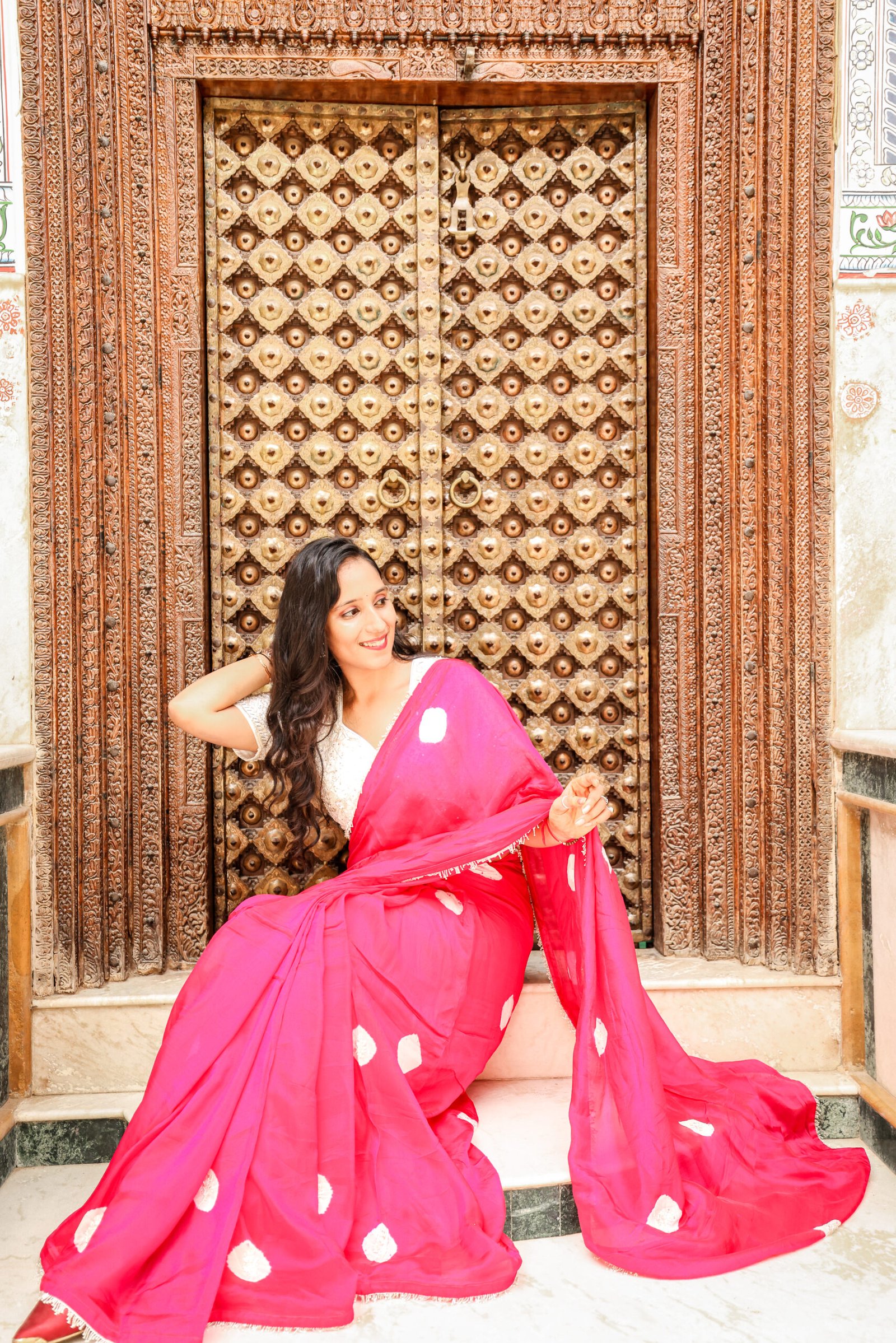 Pink Polka Dot Designer Saree, Saree