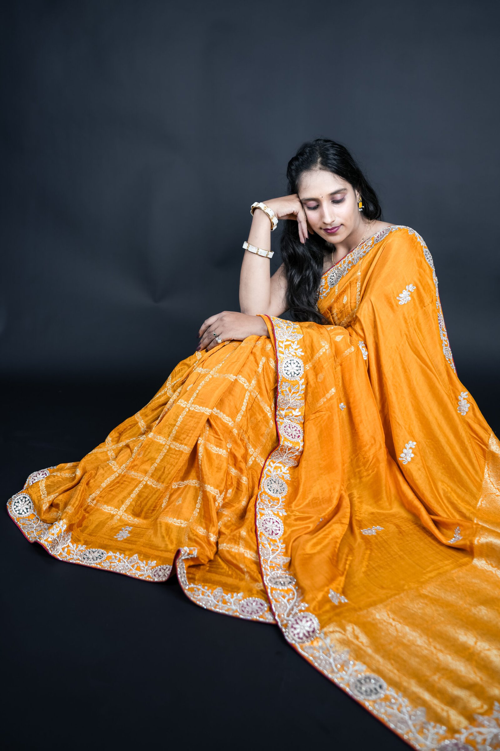 mirror work saree, mustard yellow saree, designer silk saree