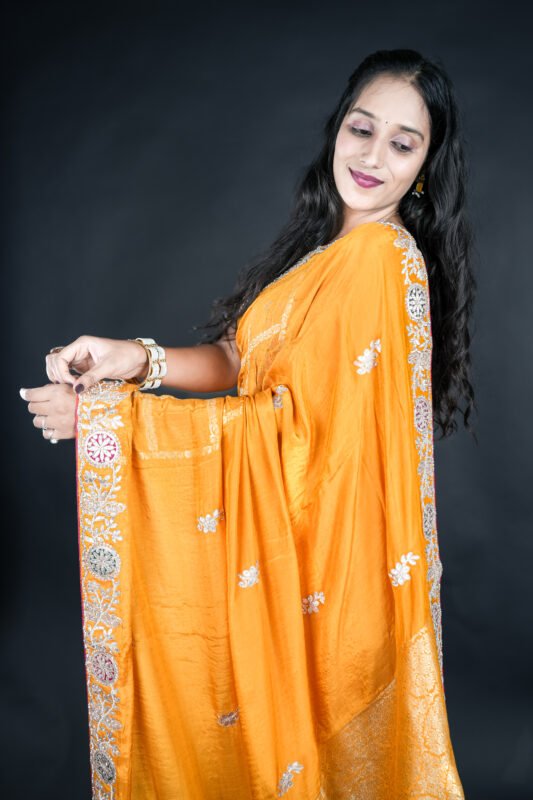 mirror work saree, mustard yellow saree, designer silk saree