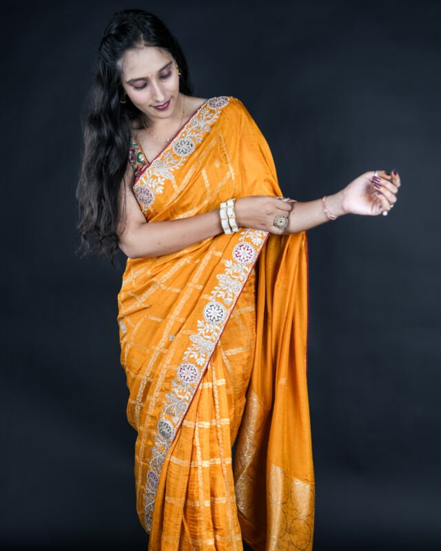 mirror work saree, mustard yellow saree, designer silk saree
