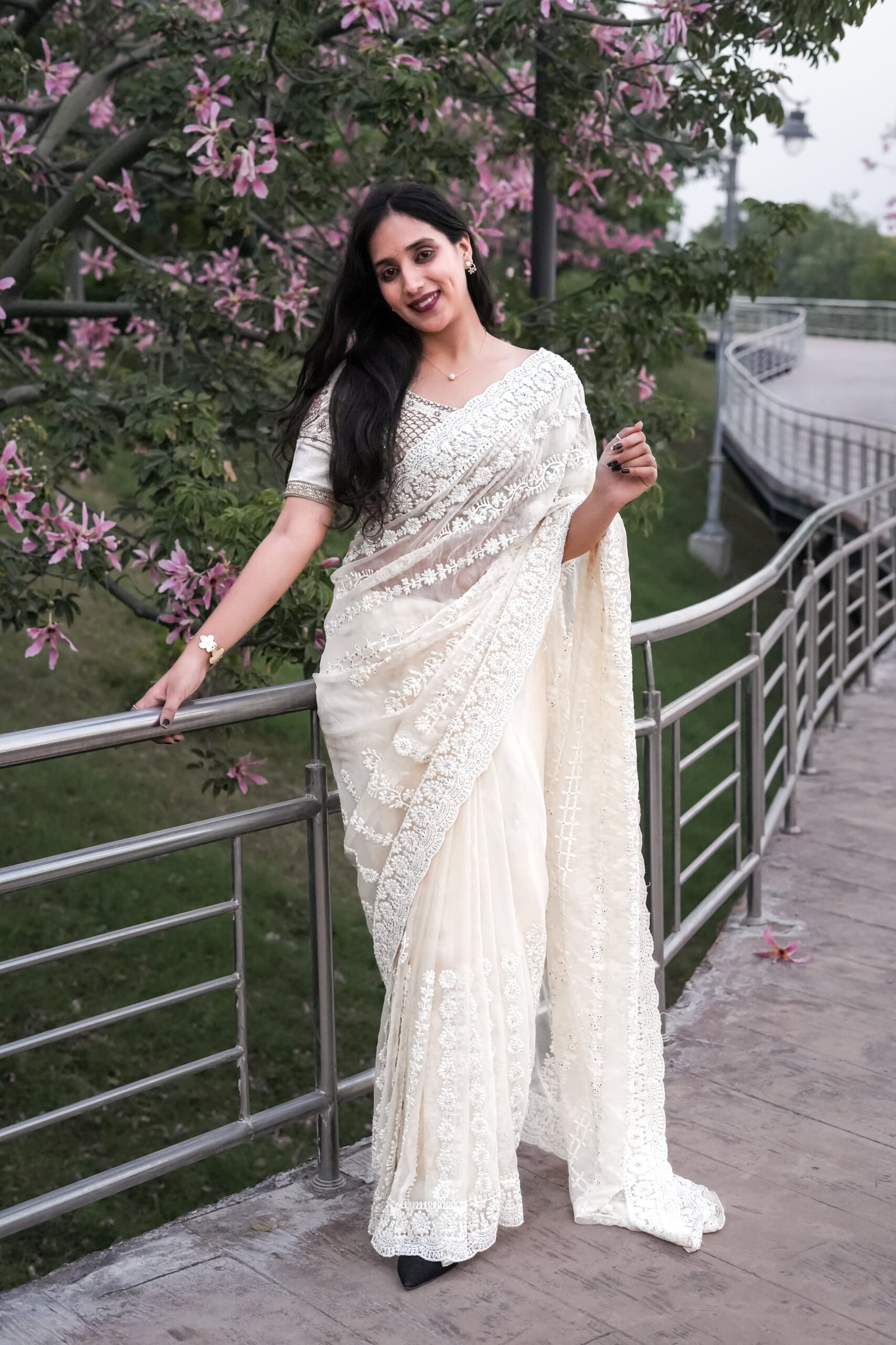 Ivory Luxury Net Saree, white net saree, ivory bridal saree, pearl embroidery saree, luxury wedding saree