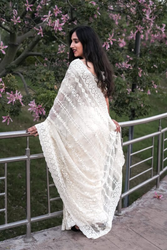 Ivory Luxury Net Saree, white net saree, ivory bridal saree, pearl embroidery saree, luxury wedding saree