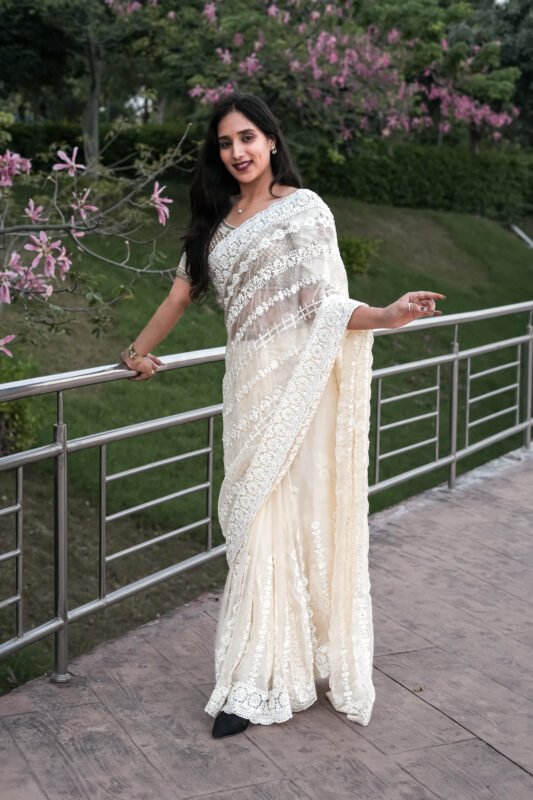 Ivory Luxury Net Saree, white net saree, ivory bridal saree, pearl embroidery saree, luxury wedding saree